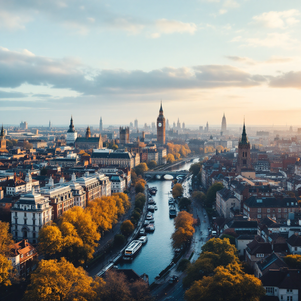 Property for sale by Auction Aerial view of a city with a prominent clock tower, river with boats, and autumn-colored trees lining the streets. The cityscape is under a partly cloudy sky during sunset, casting a warm glow over the buildings and water. Presented by Palace Auctions