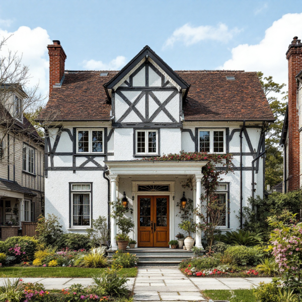 Property for sale by Auction A charming Tudor-style house with white stucco walls, dark timber detailing, and a red-tiled roof, soon to be showcased by Palace Auctions. The landscaped front yard features colorful flowers and greenery. A stone path leads to the wooden door adorned with potted plants and lanterns. Presented by Palace Auctions