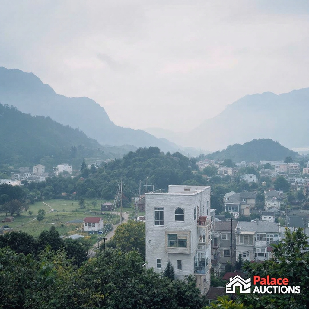 Property for sale by Auction A misty landscape features a small town with clustered houses surrounded by lush green hills and distant mountains. The overcast sky adds a serene atmosphere, inviting reflection on the understanding of the Renters Rights Bill impact. The Palace Auctions logo sits in the bottom right corner. Presented by Palace Auctions