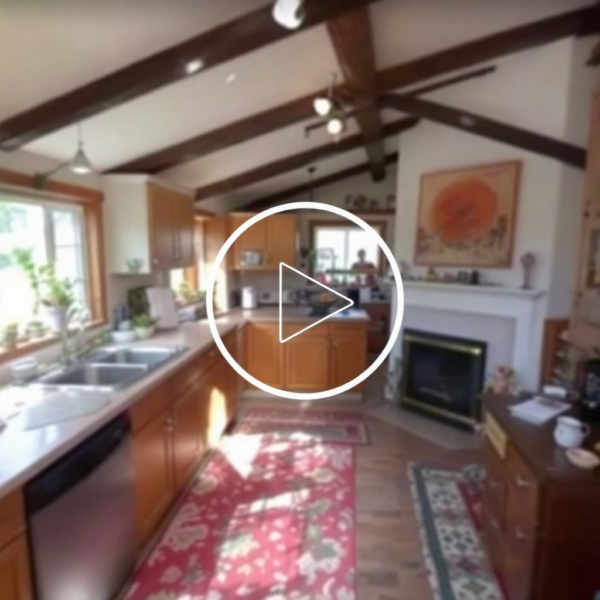 Property for sale by Auction A cozy kitchen with wooden cabinets and exposed beams, reminiscent of a charming auctioneer's abode. Plants adorn the window ledge, and there's a sink, dishwasher, and fireplace with a painting above it. The floor features a red-patterned rug that feels like a prized find at Palace Auctions. Presented by Palace Auctions