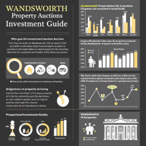 Property for sale by Auction Infographic titled "Wandsworth Property Auctions Investment Guide." It features various charts and graphs depicting investment trends, auction proportions, property values, and tips on buying in the area. Icons illustrate concepts like measuring and investment. Presented by Palace Auctions
