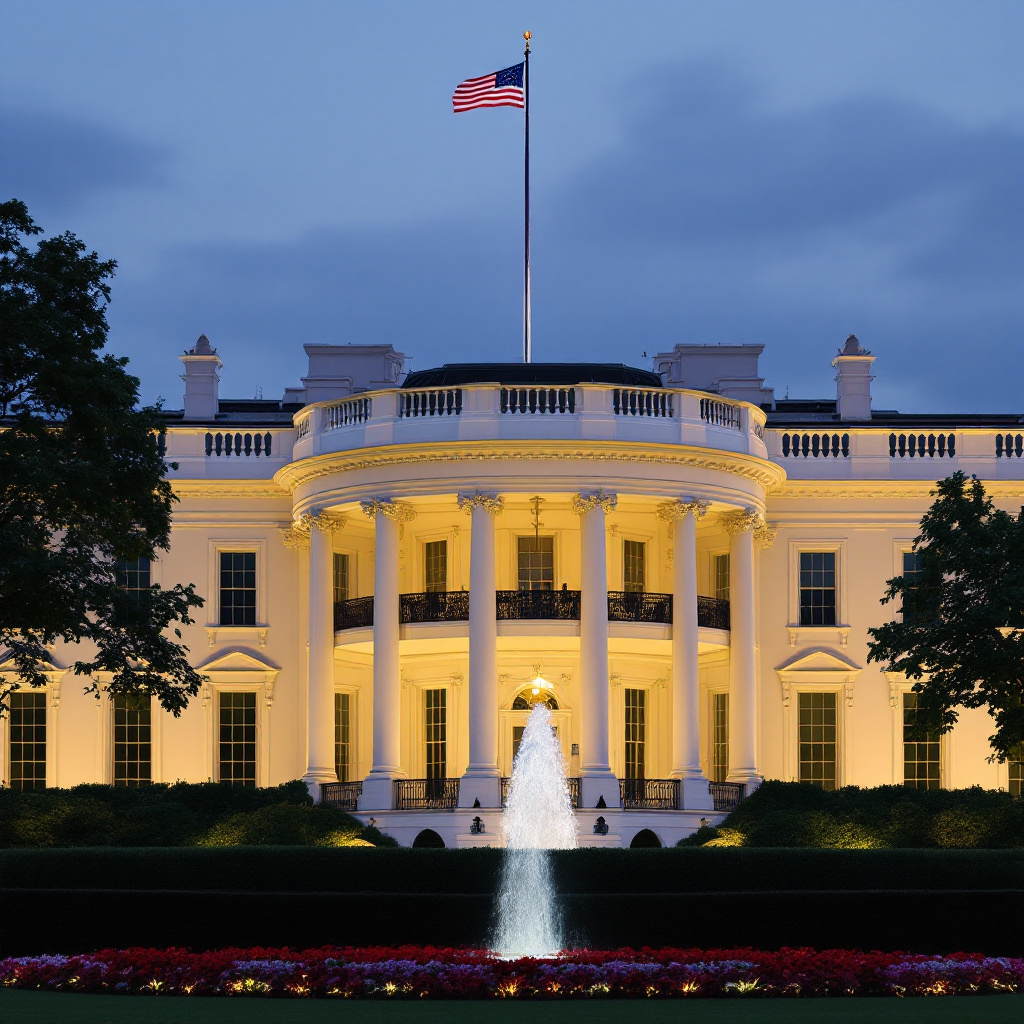 Property for sale by Auction As dusk falls over the White House, lights illuminate the iconic building while an American flag proudly flutters above. A water fountain graces the foreground, framed by lush flowers and trees against a cloudy sky—whispers of Trump's return stirring potential ripples in auction and real estate markets linger. Presented by Palace Auctions