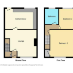 Property for sale by Auction This image shows a two-story floor plan. The ground floor includes a lounge and kitchen/diner. The first floor features two bedrooms and a bathroom. Stairs are located centrally between the two floors. Presented by Palace Auctions