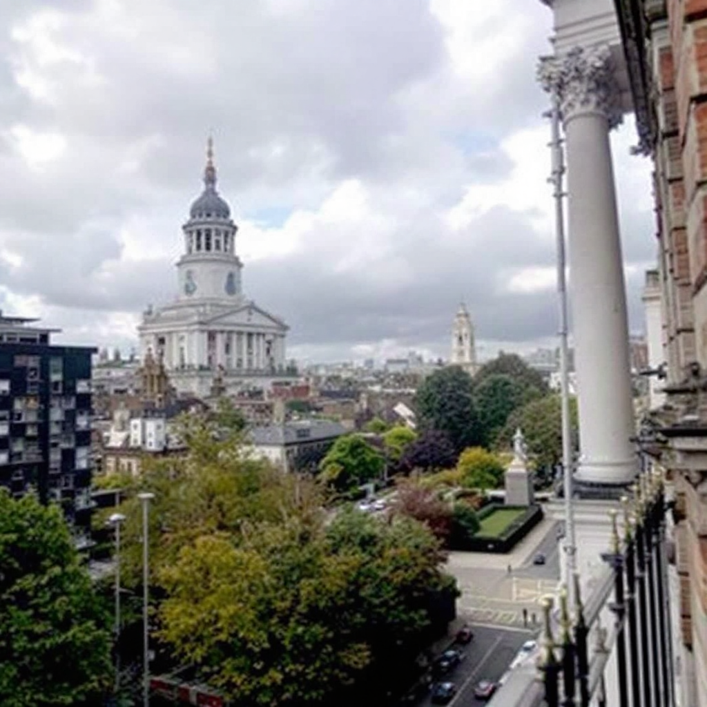 Property for sale by Auction Gazing from the balcony, the cityscape reveals a large domed building under cloudy skies. Amidst the trees and smaller buildings lies a bustling street and a quaint park, echoing The Bank of England's decision on base rates—a topic lively discussed at Palace Auctions London. Presented by Palace Auctions