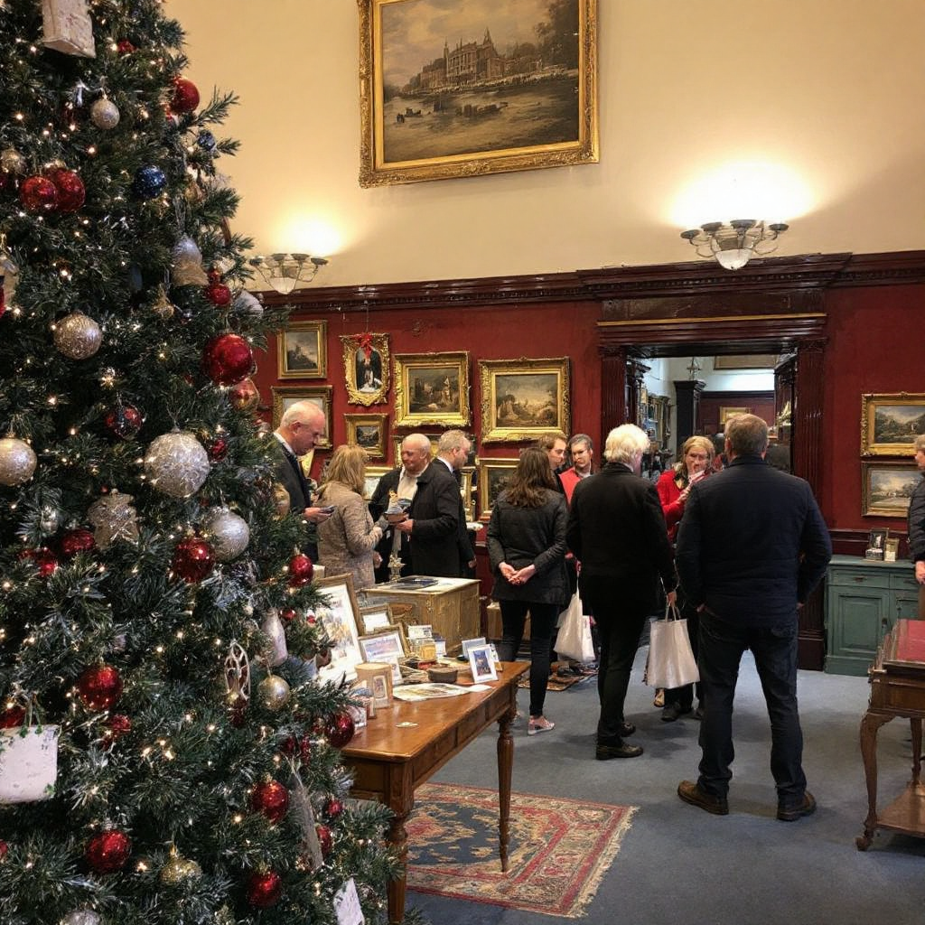 Property for sale by Auction A group of people mingles in an art gallery adorned with paintings and a large, decorated Christmas tree. Under the warm lighting and festive decor, chatter arises about the Christmas opening times at Palace Auctions London, enhancing the cozy atmosphere. Presented by Palace Auctions