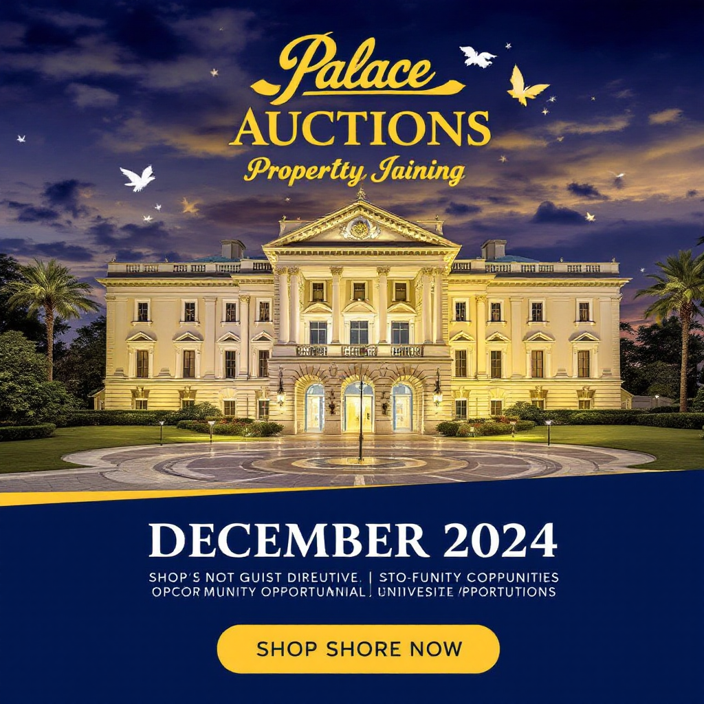 Property for sale by Auction A grand palace illuminated at night with a sign advertising 