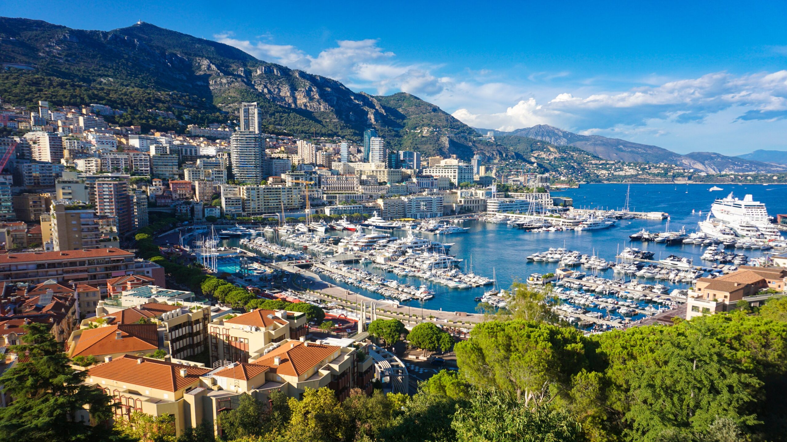 Property for sale by Auction A scenic view of a coastal city with a marina filled with yachts and boats. Hills with dense buildings surround the harbor, and the blue sky is partially clouded. The water reflects the buildings, creating a picturesque and vibrant atmosphere. Presented by Palace Auctions