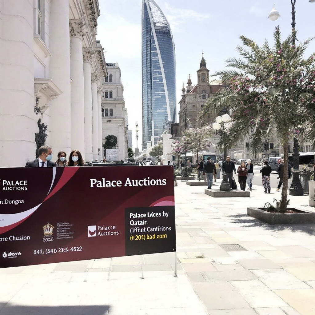 Property for sale by Auction A street scene shows people walking on a wide pedestrian area lined with palm trees. In the background, a modern high-rise suggests urban growth, while a large sign in the foreground promotes 