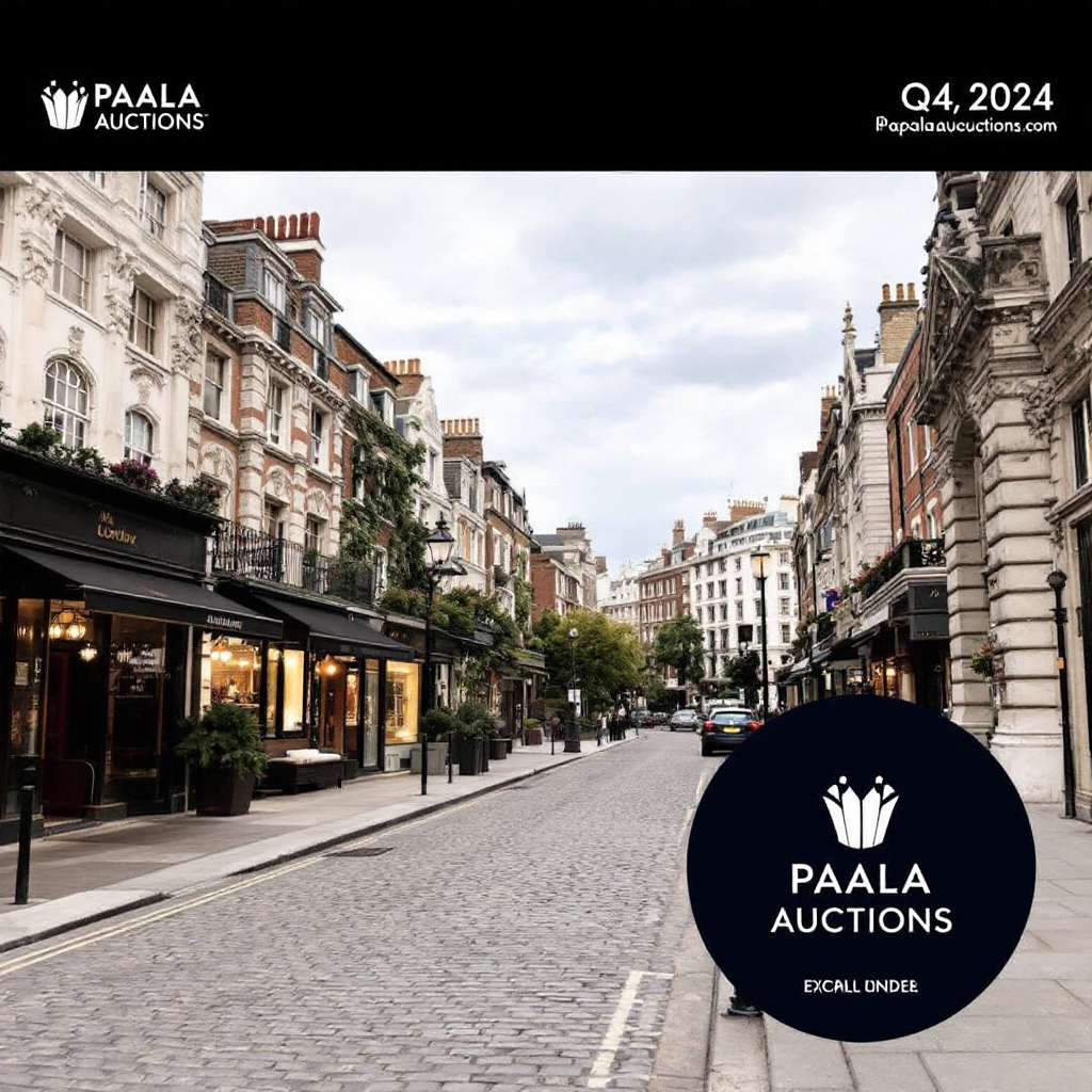 Property for sale by Auction A cobblestone street lined with historic buildings in an urban setting reflects the charm of London's property scene. Shops with large windows and decorative facades are visible, embodying the latest market insights. A circular logo in the bottom right corner reads 