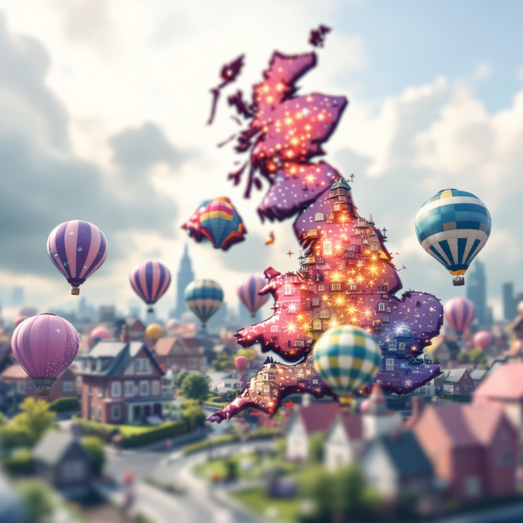 Property for sale by Auction A map of the United Kingdom made of buildings and glowing lights floats above a town. Colorful hot air balloons drift around it under a partly cloudy sky, creating a whimsical, fairy-tale-like scene. Presented by Palace Auctions