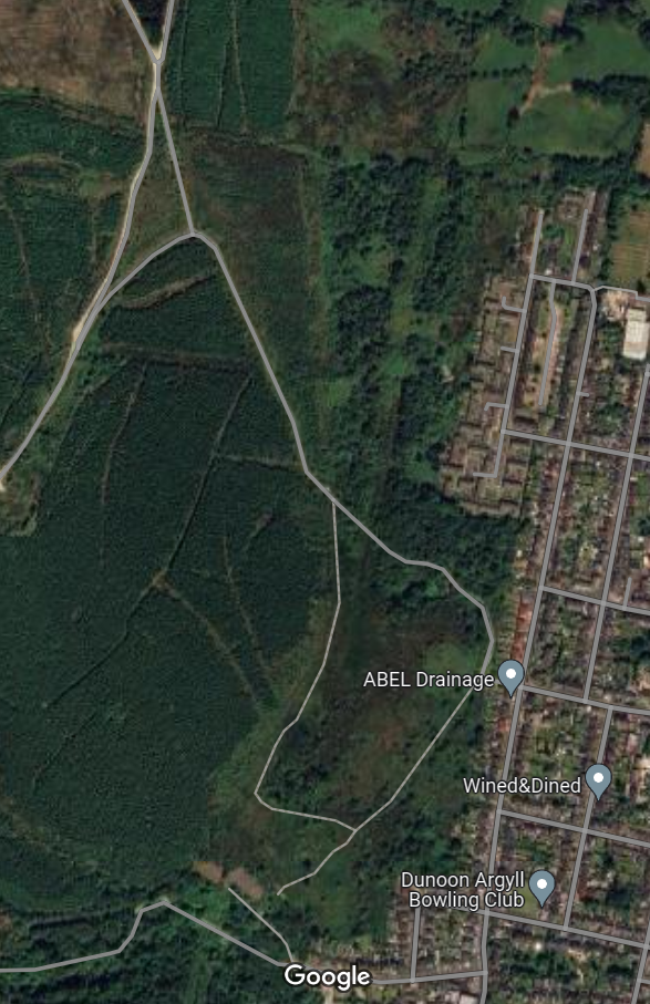 Property for sale by Auction Aerial view of a landscape showing a forested area on the left with winding paths, and a residential neighborhood on the right. Visible businesses include ABEL Drainage and Wined & Dined, and Dunoon Argyll Bowling Club. Roads connect the two areas. Presented by Palace Auctions