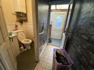 Property for sale by Auction A narrow hallway with dark wallpaper leads to a small bathroom on the left, featuring a toilet and plumbing. Ahead, there's a white door with glass panels. A laundry basket is on the tiled floor near the entrance. Presented by Palace Auctions