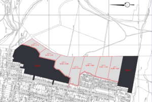 Property for sale by Auction A map showing several plots of land marked by red outlines. Each plot displays acreage, ranging from 1.48 to 2.81 acres. Shaded areas indicate sold lots. Streets and grid lines are visible in the background, with a compass in the top right corner. Presented by Palace Auctions