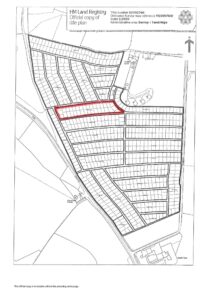 Property for sale by Auction A black and white map from HM Land Registry displays numerous rectangular plots in an administrative area of Tandridge, Surrey. One parcel of land with farm access near the center is outlined in red. This investment for sale includes a north arrow in the top right corner. Presented by Palace Auctions