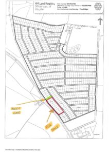 Property for sale by Auction Map showing a plot of land outlined in red, labeled "For Sale," part of the upcoming Land Auction in Warlingham, Surrey. An access gate is marked with an arrow. Surrounding plots are outlined in black. The top section of the map includes land registry details. Presented by Palace Auctions