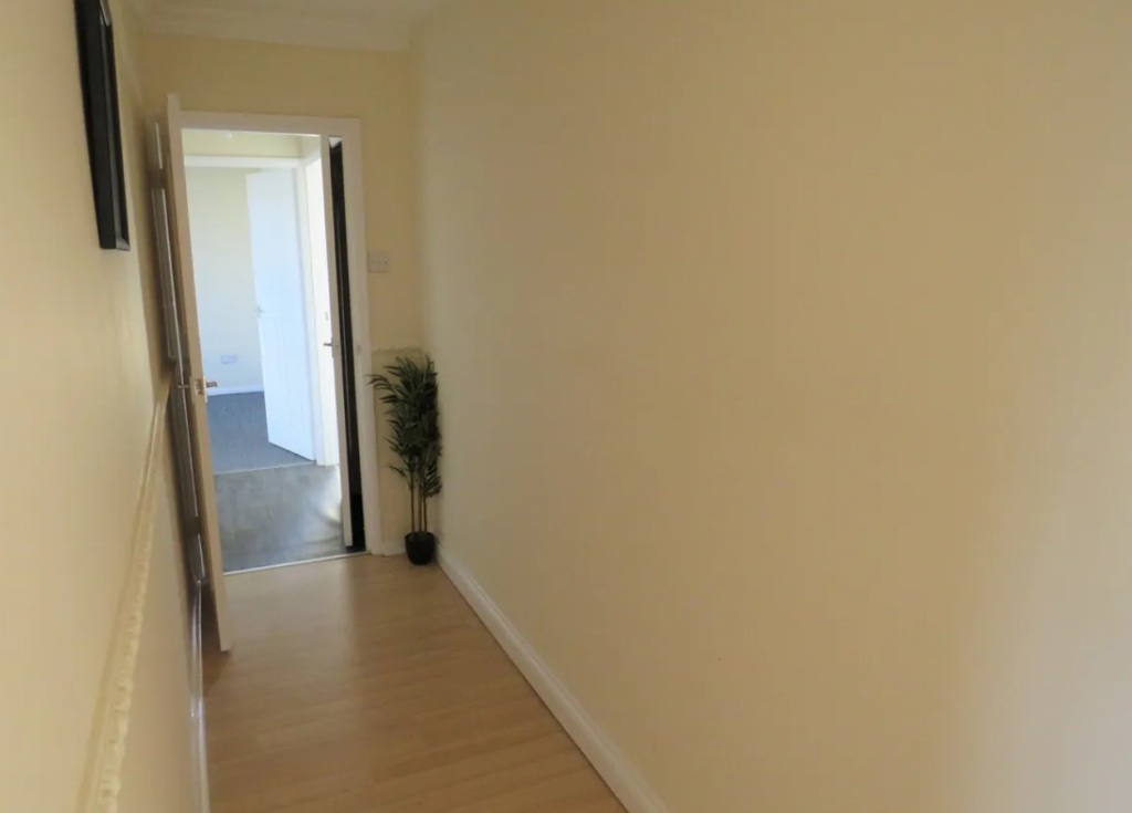 Property for sale by Auction A narrow hallway with cream-colored walls and light wooden flooring. A potted plant sits on the floor near the doorway, which opens into a room with darker flooring. Bright natural light enters from the doorway. Presented by Palace Auctions