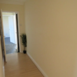 Property for sale by Auction A narrow hallway with cream-colored walls and light wooden flooring. A potted plant sits on the floor near the doorway, which opens into a room with darker flooring. Bright natural light enters from the doorway. Presented by Palace Auctions