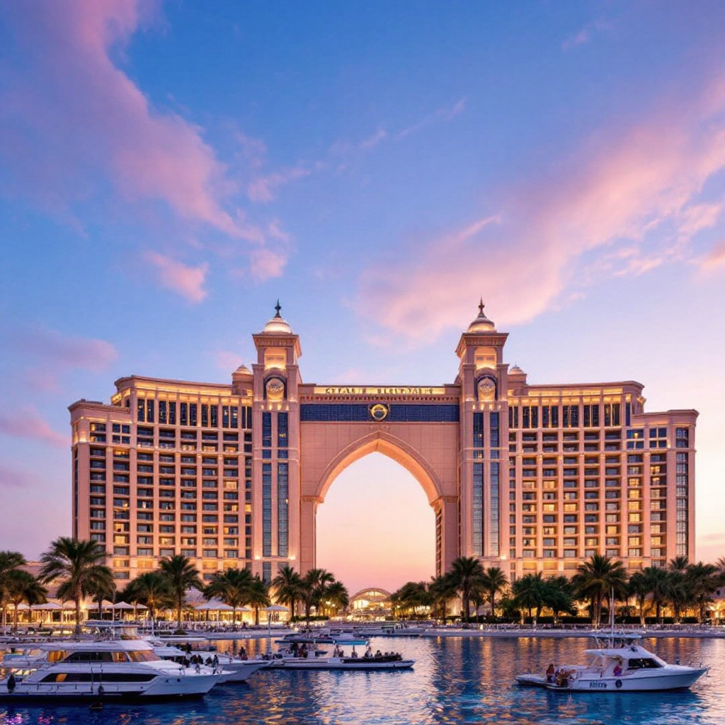 Property for sale by Auction A grand hotel, reminiscent of those featured at Palace Auctions London, boasts an archway entrance that stands illuminated at dusk, reflecting on calm waters. Boats float in the foreground, and a pastel sky with scattered clouds adds to the serene scene unveiling this luxurious vista. Presented by Palace Auctions