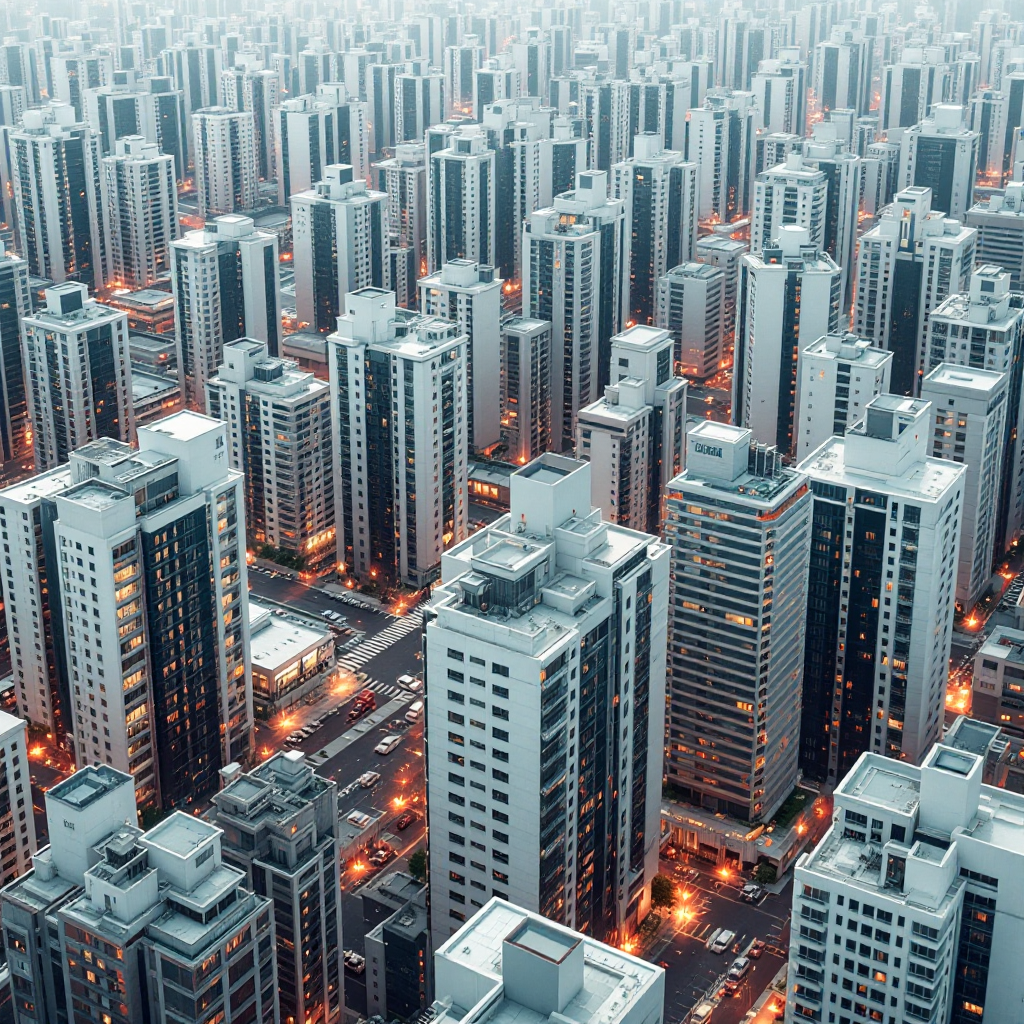 Property for sale by Auction Aerial view of a densely packed cityscape in the wake of China's 2025 real estate crisis. Towering, modern skyscrapers with evenly lit windows dominate, while the grid-patterned streets below reflect the city's resilience amidst significant global economic implications. Presented by Palace Auctions