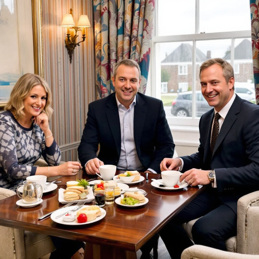 Property for sale by Auction Three people are seated at a table enjoying afternoon tea. The table has teacups, sandwiches, and desserts. They are smiling in business attire, sitting in a cozy room with floral curtains—a serene pause from discussing how Palace Auctions London expands its probate property auction services. Presented by Palace Auctions