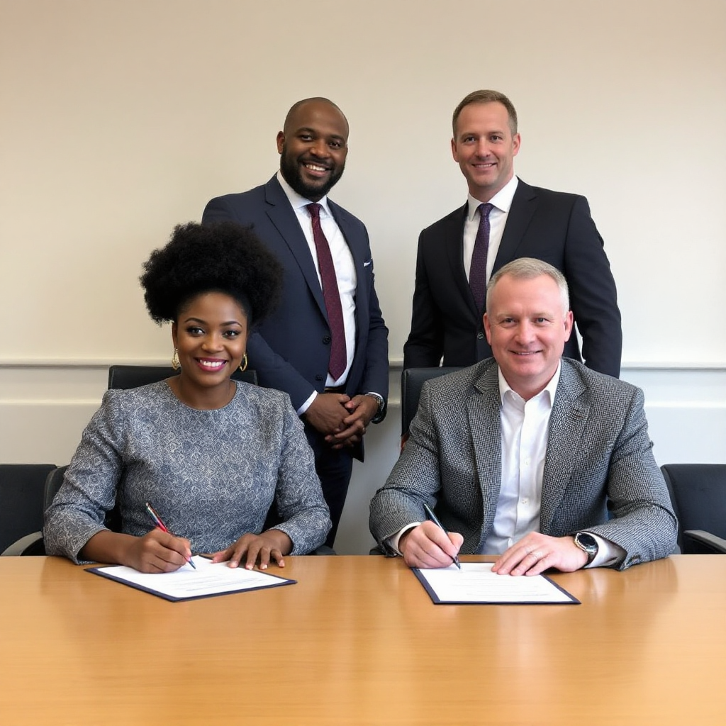 Property for sale by Auction In a professional office setting, two individuals sit at a table signing documents as two others stand behind them. They are dressed in formal business attire, smiling. The scene marks Palace Auctions London's strategic legal partnership to strengthen the Nigerian investment channel. Presented by Palace Auctions