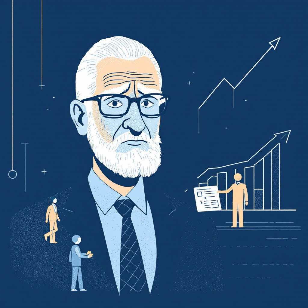 Property for sale by Auction Illustration of an older man with glasses and a beard in a suit, navigating economic uncertainty. Graphs and figures surround him, symbolizing business growth and wise decision-making despite short-term government policies. The blue background features geometric designs and progress indicators. Presented by Palace Auctions