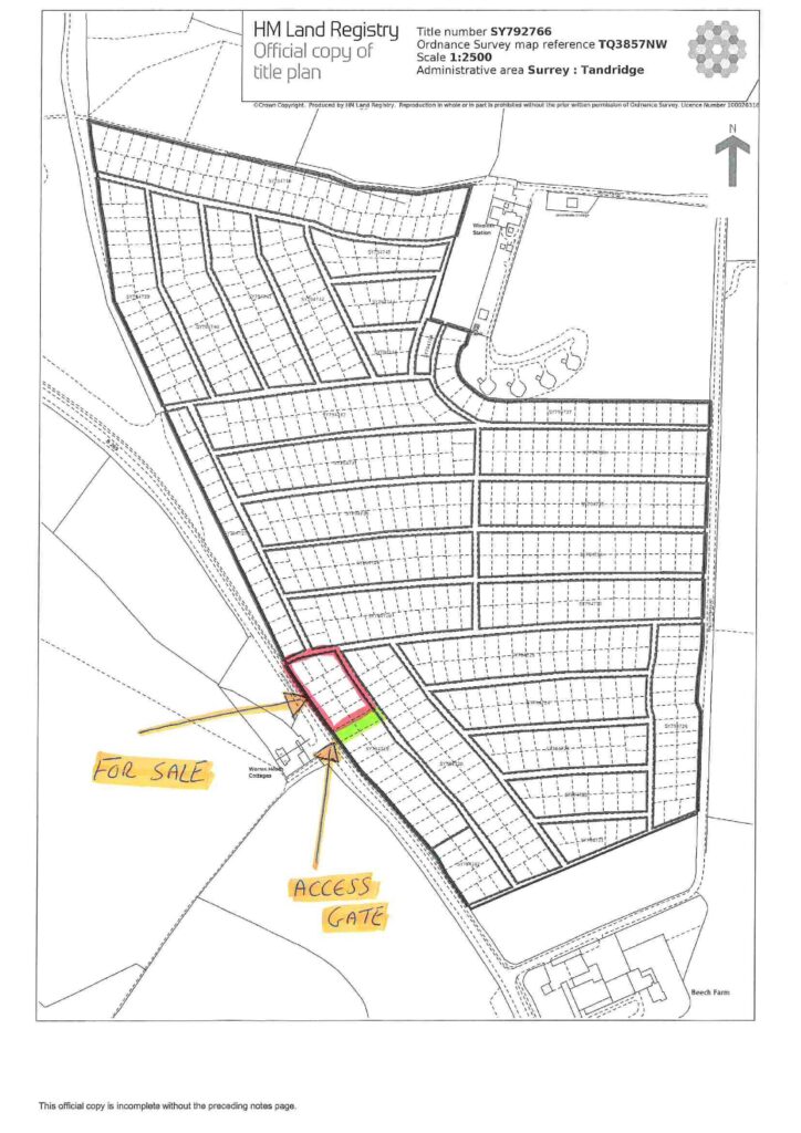 Property for sale by Auction A land registry map highlights a plot in red with "For Sale" displayed prominently. Near the bottom left, an "Access Gate" marks entry to the land. This map, scaled at 1:2500, showcases the charming administrative area of Surrey, Tandridge. Presented by Palace Auctions