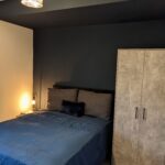 Property for sale by Auction A modern bedroom with a dark blue accent wall, a bed dressed in a blue cover, and gray pillows. A small bedside table with a lamp is on the left. A textured gray wardrobe is on the right. A rattan pendant light hangs from the ceiling. Presented by Palace Auctions