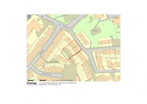Property for sale by Auction Map showing a residential area with streets and houses. A specific plot is outlined in red, located at the intersection of two roads. Surrounding plots are marked with beige buildings and green spaces. Promap logo in the bottom corner. Presented by Palace Auctions
