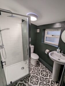 Property for sale by Auction A compact bathroom featuring a glass shower with a rain showerhead, a toilet, a pedestal sink with soap and a circular mirror above. The walls are dark green, and the floor has a black-and-white patterned tile design. Presented by Palace Auctions
