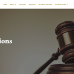 Property for sale by Auction Wooden gavel on a block with text reading "Angel Auctions: The Auction For Prestigious Items" on the left. The website header includes a logo, navigation menu with options like "Home" and "Contact," and a search bar. Presented by Palace Auctions