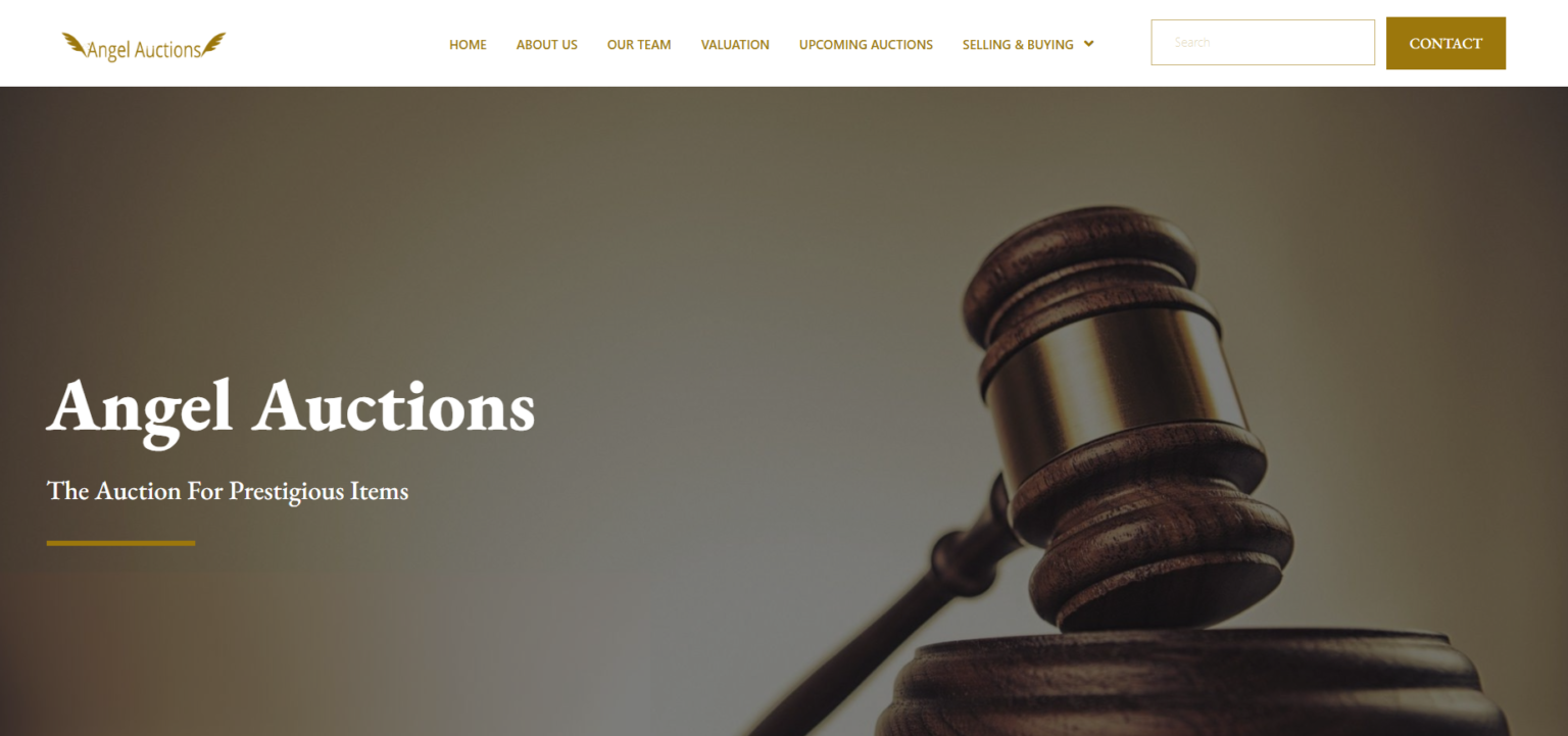 Property for sale by Auction Wooden gavel on a block with text reading "Angel Auctions: The Auction For Prestigious Items" on the left. The website header includes a logo, navigation menu with options like "Home" and "Contact," and a search bar. Presented by Palace Auctions