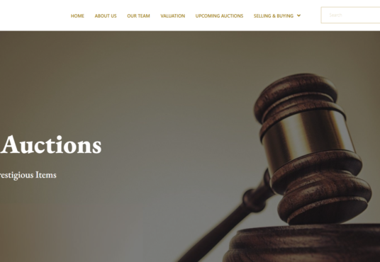 Property for sale by Auction Wooden gavel on a block with text reading "Angel Auctions: The Auction For Prestigious Items" on the left. The website header includes a logo, navigation menu with options like "Home" and "Contact," and a search bar. Presented by Palace Auctions