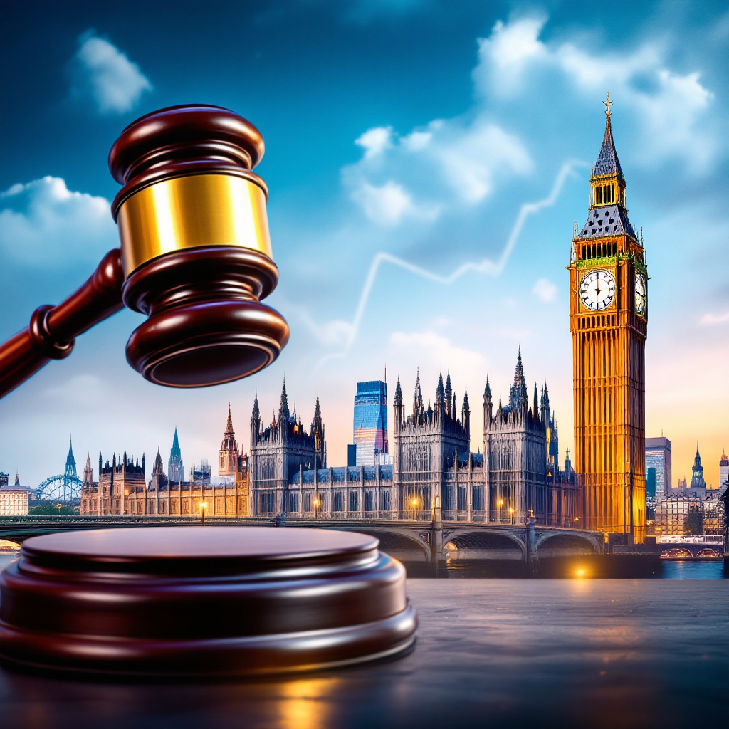 Property for sale by Auction A large gavel hovers over a backdrop of the Houses of Parliament and Big Ben in London, reminiscent of Palace Auctions. The dramatic sky sets the scene, symbolizing law and governance, as it navigates the rising UK house prices. Presented by Palace Auctions