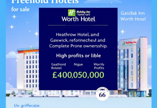 Property for sale by Auction A promotional image for the sale of "Two Prime Freehold Hotels," including Gatiđlaķ Inn Worth Hotel and London Airport Hotels for Sale. Features details of high profits and an asking price of £400,050,000 against a backdrop of a hotel building under a starry blue sky. Presented by Palace Auctions