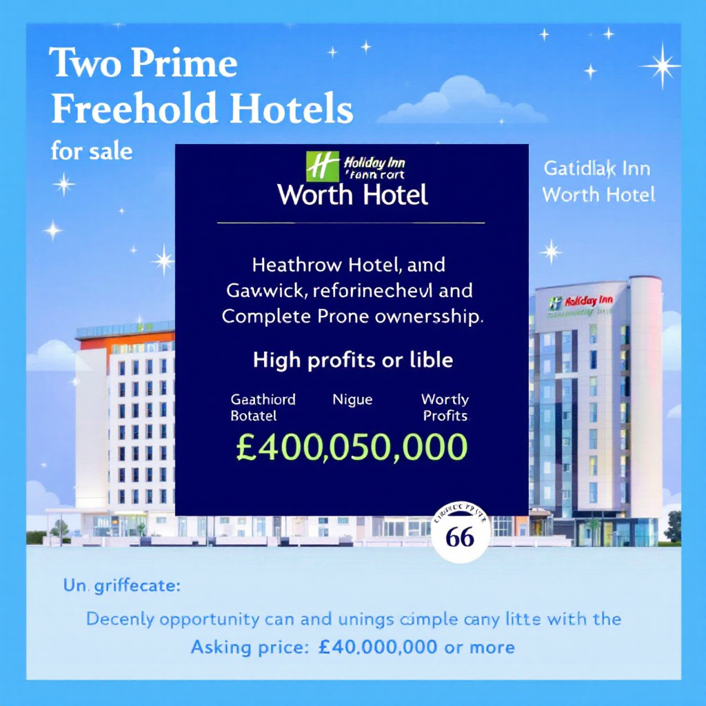 Property for sale by Auction A promotional image for the sale of "Two Prime Freehold Hotels," including Gatiđlaķ Inn Worth Hotel and London Airport Hotels for Sale. Features details of high profits and an asking price of £400,050,000 against a backdrop of a hotel building under a starry blue sky. Presented by Palace Auctions