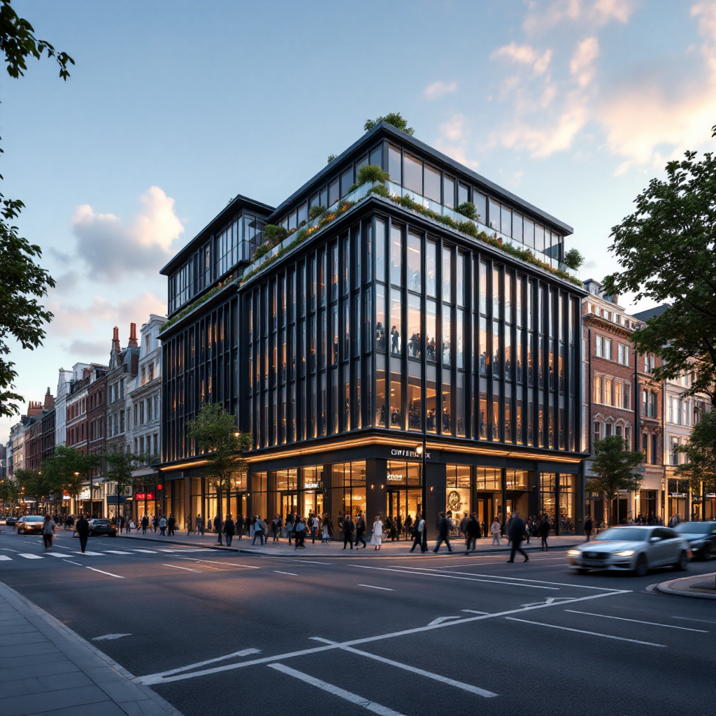 Property for sale by Auction A modern glass commercial building on a busy city street corner at dusk. People walk along the sidewalks, and the road is lined with trees. The sky is partly cloudy, casting a soft evening glow over the scene. Presented by Palace Auctions