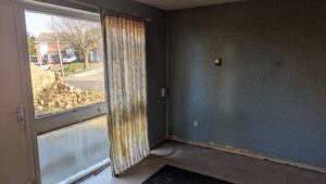 Property for sale by Auction Empty room with faded blue wallpaper and a dirty, partially open curtain next to a large window. The window offers a view of parked cars and bare trees on a residential street. The wall shows signs of dampness and peeling paint near the floor. Presented by Palace Auctions