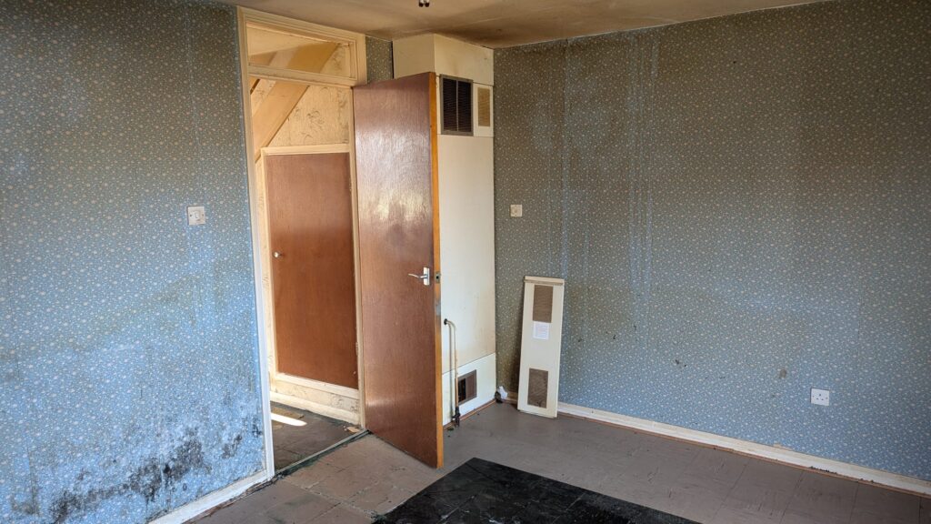 Property for sale by Auction An empty, run-down room with peeling blue wallpaper, a partially open wooden door, and a small space heater on the floor. The floor is bare and worn, and there are signs of water damage on the wall. Presented by Palace Auctions