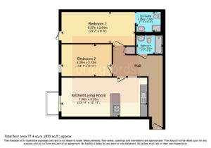 Property for sale by Auction Floor plan of an apartment with two bedrooms, a kitchen/living room, a bathroom, an en-suite bathroom, and a hall. The total area is 77.4 sq.m. (833 sq.ft.). Measurements and orientations are labeled for each area. Presented by Palace Auctions