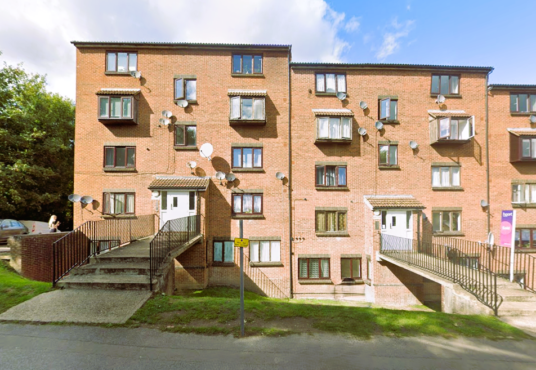 Property for sale A three-story brick apartment building with multiple windows, balconies, and satellite dishes—ideal for those seeking an investment studio flat. Two main entrances have ramps and stairs, with grass, a sidewalk in front, and trees to the left. Presented by Palace Auctions