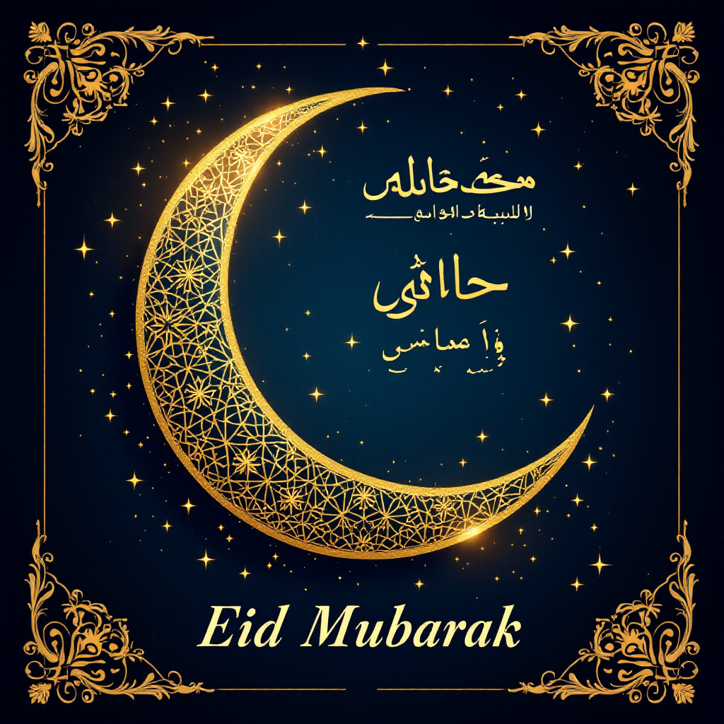 Property for sale Golden crescent moon with intricate patterns surrounded by stars and ornate corners on a dark background. Arabic calligraphy and 