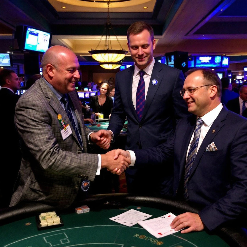 Property for sale by Auction Three men in suits shake hands at a casino table amidst a lively atmosphere, signaling the exciting collaboration between Grosvenor Casinos and Rank Organisation as they announce plans to roll out an exclusive business networking series. Poker chips and cards hint at high-stakes discussions. Presented by Palace Auctions