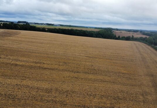 Property for sale A wide, harvested field under a cloudy sky stretches towards a line of distant trees and rolling hills—an ideal setting for speculative development land in Lane End, High Wycombe, with patches of greenery on the horizon. Presented by Palace Auctions