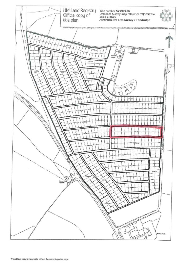 Property for sale A black and white HM Land Registry map displays a grid layout of Surrey land parcels in Tandridge. Highlighted in red, the central-right plot presents a unique development opportunity Warlingham, with north indicated at the top right. Presented by Palace Auctions