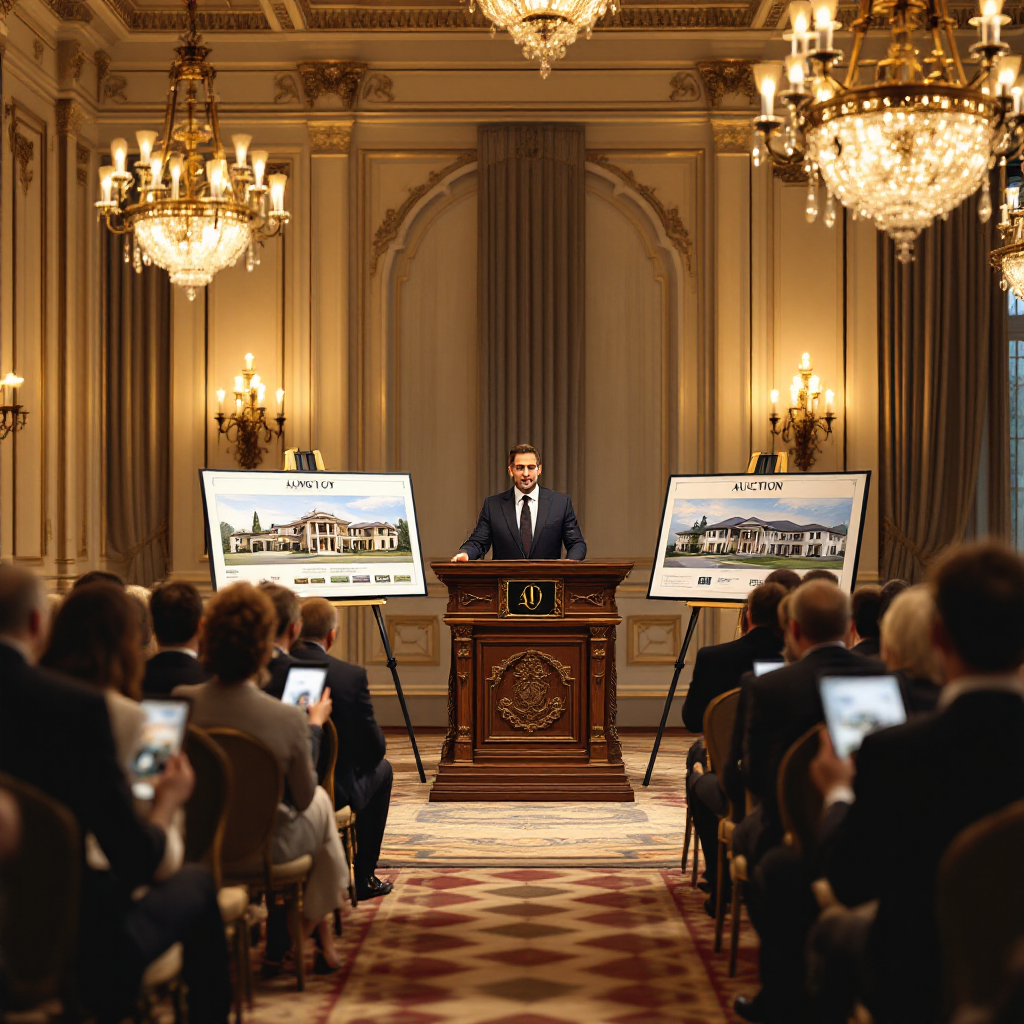 Property for sale A man stands at a podium in an elegant, chandelier-lit room, addressing an audience. Two easels beside him display images of a large house with 