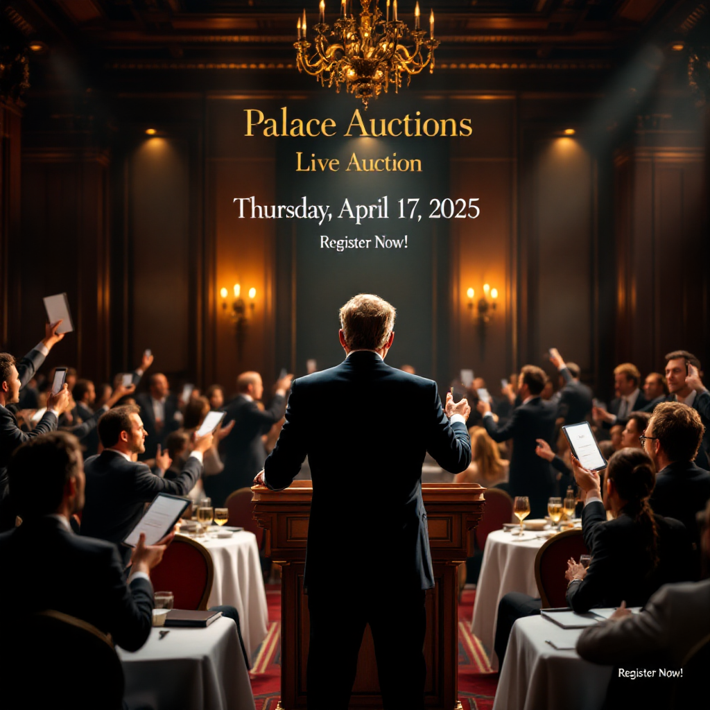 Property for sale A formal auction in an elegant hall—an auctioneer at the podium, attendees raising paddles under chandeliers. 
