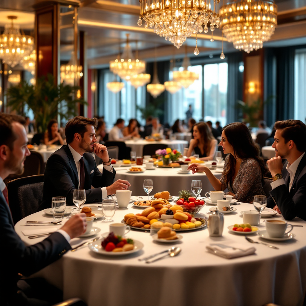 Property for sale A group of well-dressed people sit around a table at the Elite Business Breakfast at Grosvenor Casino Bayswater, enjoying breakfast pastries and fruit under elegant chandeliers while engaged in lively conversation. The countdown is on!. Presented by Palace Auctions