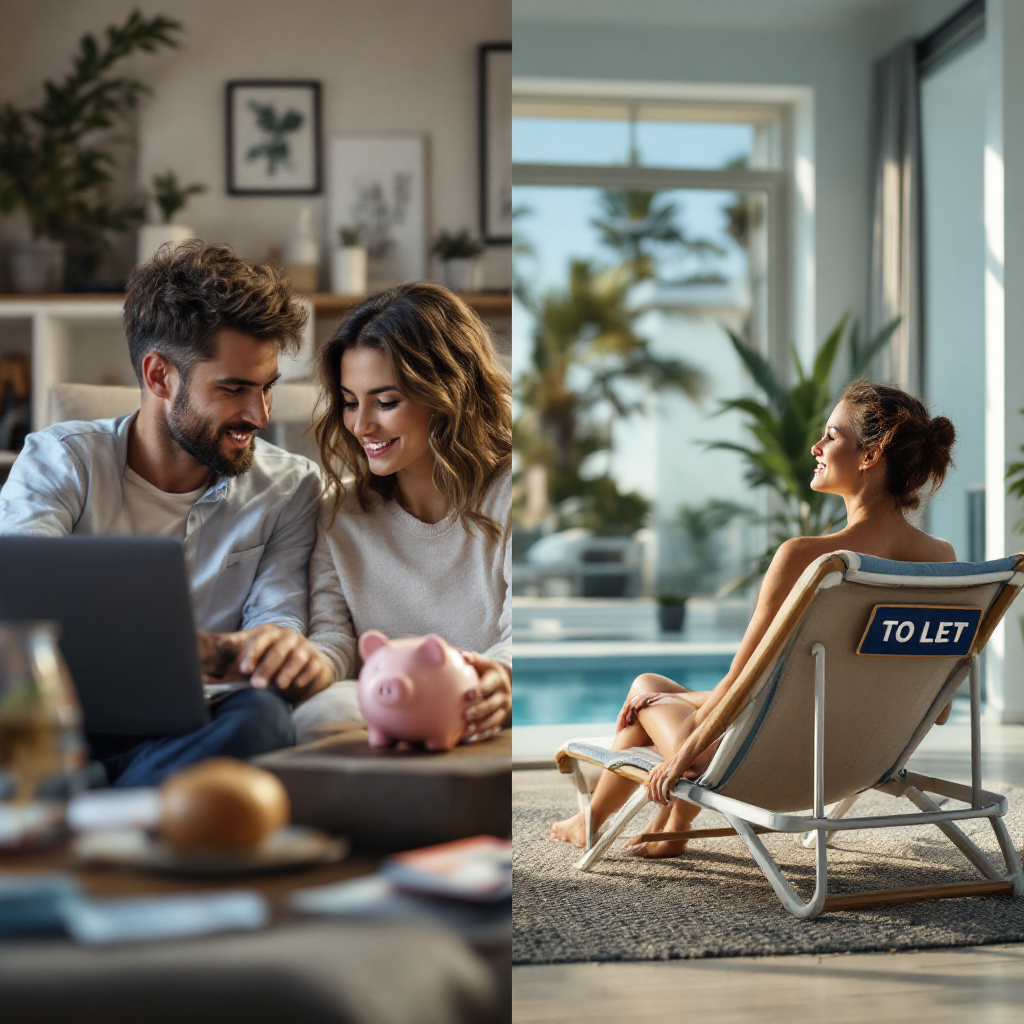 Property for sale A smiling couple looks at a laptop with a piggy bank nearby in a cozy living room, reflecting The Holiday Trade-Off: A UK Professional's Path to Property Investment, while on the right, a woman relaxes on a chair with a 