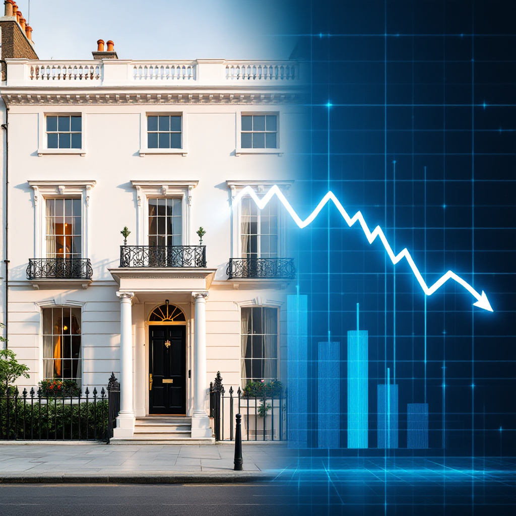 Property for sale A luxury townhouse sits beside a digital graph with a downward trend, highlighting how real estate and interest rates impact the market—capturing a snapshot of Palace Auctions London Market Update: shifting opportunities in property auctions. Presented by Palace Auctions